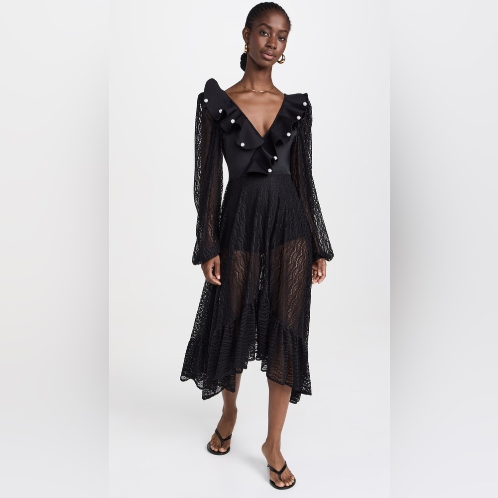 BAHIA MAR Black Maxi Lace Dress with ruffles and pearls Size Large - Picture 6 of 9